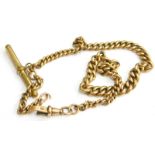 A 9ct gold watch chain, with a clip (AF) and a gold plated t bar, 35.2g all in.