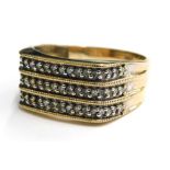 A 9ct gold gents signet ring, set with three rows of tiny diamonds, each in platinum claw setting, w