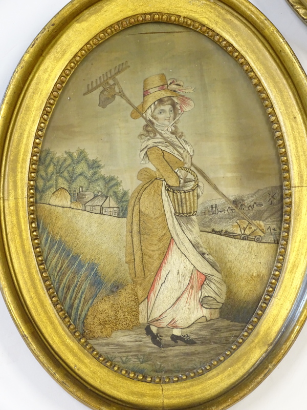 A pair of 19thC embroidered silk pictures, depicting lady sitting before a tree, another with a rake - Image 2 of 2