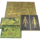 20thC Eastern School. A pair of oriental collage pictures, each embellished with brass coins and gil