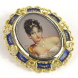 An oval painted brooch of a maiden, the maiden wearing a stone set necklace, tiara and earrings, in