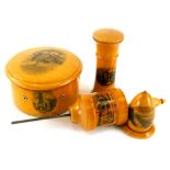 An early 20thC Mauchline ware sycamore sewing box with a string compartment, spaces for cotton reels