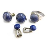 Three items of sodalite set jewellery, comprising a pair of clip on earrings,