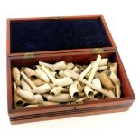 Various clay pipes 19thC and others, some earlier, 15cm wide, etc., contained in a mahogany box.