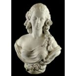 An Italian plaster finish bust of a lady, Past Times label, in flowing robes set with flowers, Past