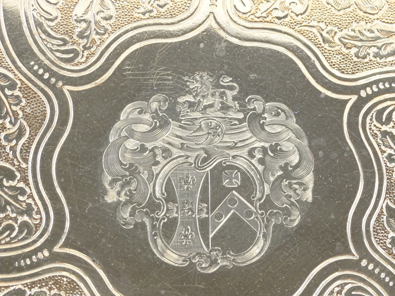 A large silver plated salver, engraved centrally with an elaborate armorial within shell and scroll - Image 2 of 2