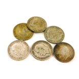 Six various silver half crowns for 1916, 1917, 1918, 1928 and 1929 and 1935, 84g.