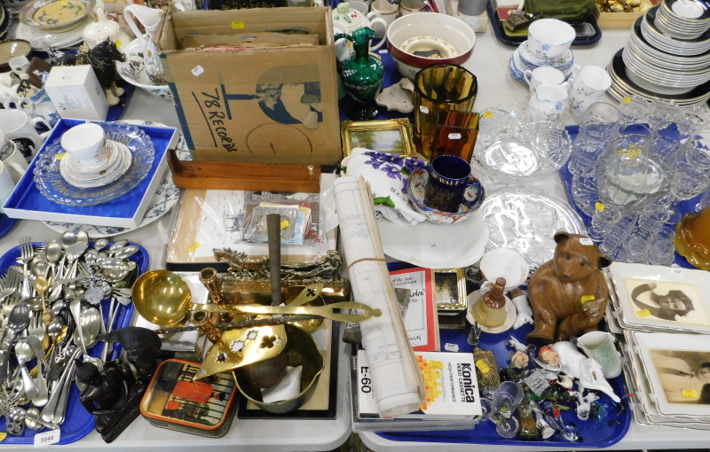 Loose flatware, brass trivet, large brass ladle, treen hardwood figure of Buddha, LP records, drinki