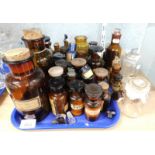Various glass jars, bearing various medical labels for solvents, etc., (1 tray and loose etc.).
