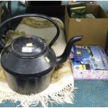 A large cast iron kettle, machine woven rug, various button batteries, etc. (a quantity).