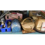 Various hand tools, wicker basket, oak framed oval wall mirror, oak tray, etc. (contents of under on