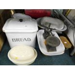 A mid 20thC enamel bread bin, enamel plates, various scales, etc. (a quantity)