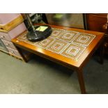 A retro teak tile top coffee table, and a metal multi branch retro style standard lamp. (2)