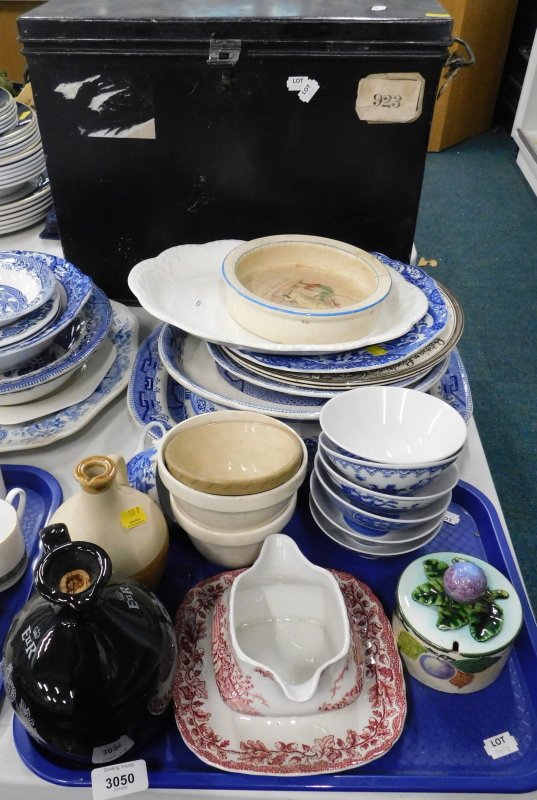 Blue and white wares, to include plates, meat plate, stoneware flagon, black metal box, children's d