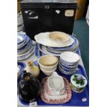 Blue and white wares, to include plates, meat plate, stoneware flagon, black metal box, children's d
