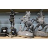 A pair of Marley horses (AF), a Spelter figure of a guard on marble base, further figure, etc., (AF)