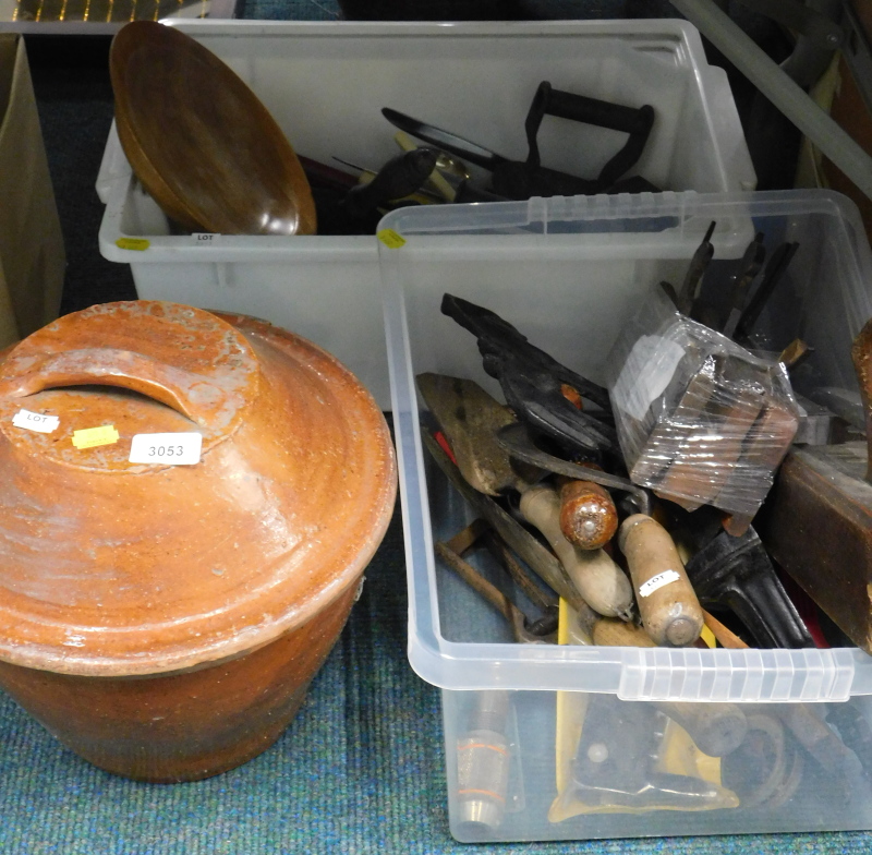 Various hand tools, planes, terracotta pot and cover, hand iron, treen bowl, loose flatware, etc. (2