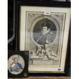 19thC School. Dandy, hand coloured engraving in ebonised papier mache frame and a print of William