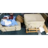 Various mid 20thC suitcases, a Shell Piala Perpaith 1987 bag, table linen, etc. (a quantity).