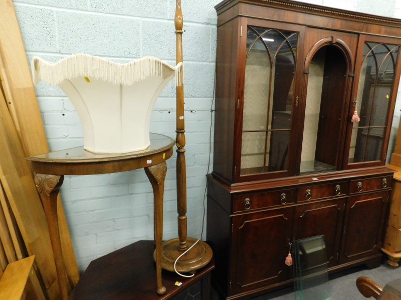 A collection of furniture, to include a mahogany display cabinet, an oak standard lamp, corner telev