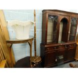 A collection of furniture, to include a mahogany display cabinet, an oak standard lamp, corner telev