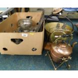 A brass jam pan, brass and treen dinner gong, copper kettle on stand, various items of plated wares,