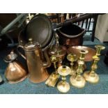 Brassware, copperware, to include copper coal scuttles, brass candlesticks, copper kettle, etc. (a q