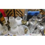 Various oil lamp bases, shades, flumes, etc. (a quantity).