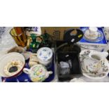 A Portmeirion wash jug and bowl, Bunnykins child's dish, other general household effects, etc. (2 tr