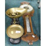 A carved oak barometer, brass metal scales, etc. (a quantity).