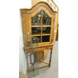 An oak corner cabinet, and an oak side cabinet on barley twist legs, and a stained glass panel.