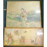 G Stokes. Pheasants, cockerels, etc., oil on silk, signed lower left and another similar (2).