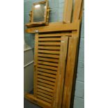 An oak slat back double bed head and foot board, etc., and a pine toilet mirror.