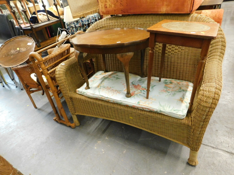 A collection of furniture, to include a pine towel rail, wicker chair, wicker two seater chair, tabl
