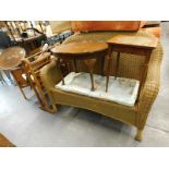 A collection of furniture, to include a pine towel rail, wicker chair, wicker two seater chair, tabl