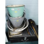 An enamel bucket, a galvanised metal bucket, tool chest, bolt cutters, etc., (a quantity).