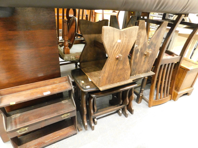 A collection of furniture, to include a nest of three tables, dining chairs, oak lidded box, etc. (a