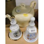 A Myott teapot and two commemorative hand bells.