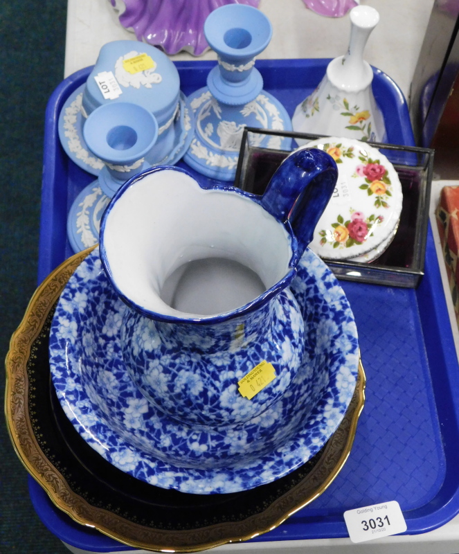 A quantity of blue Wedgwood Jasperware, to include squat candlesticks, trinket dish and cover, and A