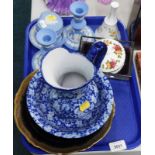 A quantity of blue Wedgwood Jasperware, to include squat candlesticks, trinket dish and cover, and A