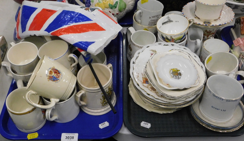 Commemorative wares, to include mugs, tea cup and saucer, trinket dishes, etc. (2 trays).