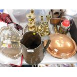 A copper warming pan, various brass candlesticks, plated wares, copper jug, etc. (a quantity).