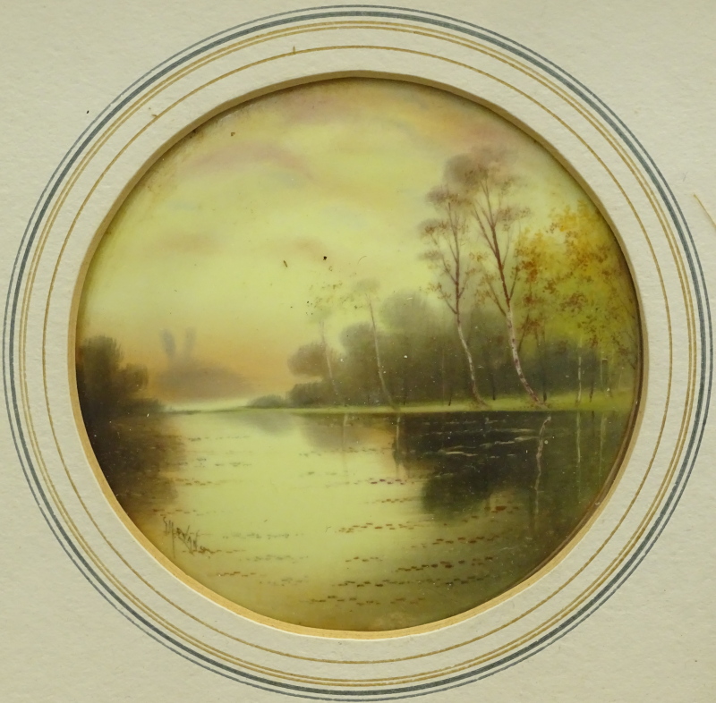 L.H. Evans (19thC/20thC). River landscape, oil on porcelain, signed, 10cm x 10cm.