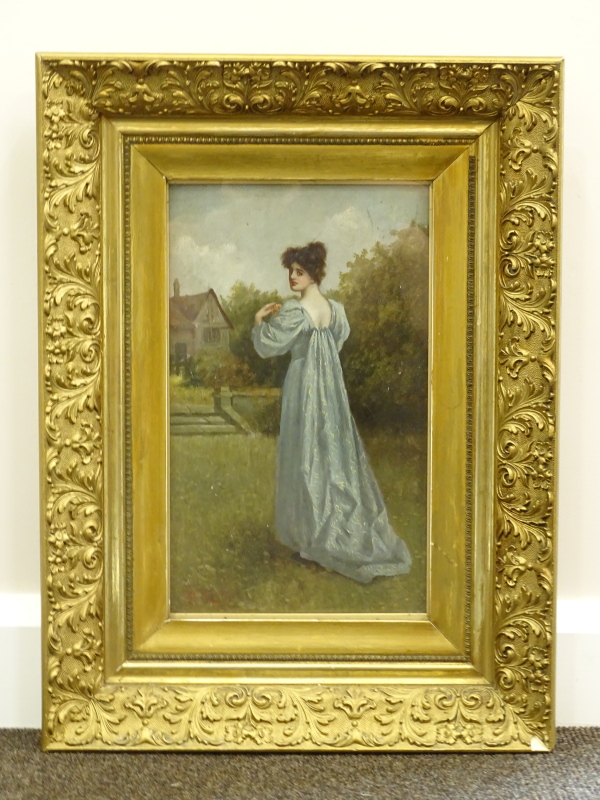 John McColvin (act.1880-1910). Maiden in blue dress, oil, signed, 37cm x 22cm. - Image 2 of 4