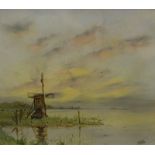 C.M.L. Kouw (19thC/20thC). River landscape with windmill, watercolour, signed and inscribed verso, 3