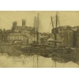 D. Deighton (19thC/20thC). Brayford Lincoln, etching, signed, 17cm x 22.5cm, and two others The Blac