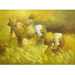 20thC School. Figures working in the fields, oil on canvas, indistinctly signed, 45cm x 60cm.