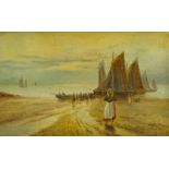 19thC School. Fisherwoman - coastal scene, oil on canvas, 24cm x 395cm, and two watercolours. (3)