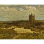 Rudolf Hellwag (1867-1942). Church landscape, oil on canvas, signed, 33cm x 41cm.