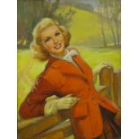 20thC School. Lady wearing a red jacket, oil on board, signed, 71cm x 53cm.